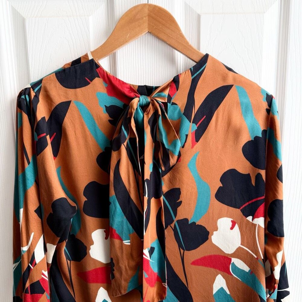 CHRISTY LYNN Silk Floral Dress Size Medium Drop Waist Luxury Brown Red Teal - Picture 12 of 16